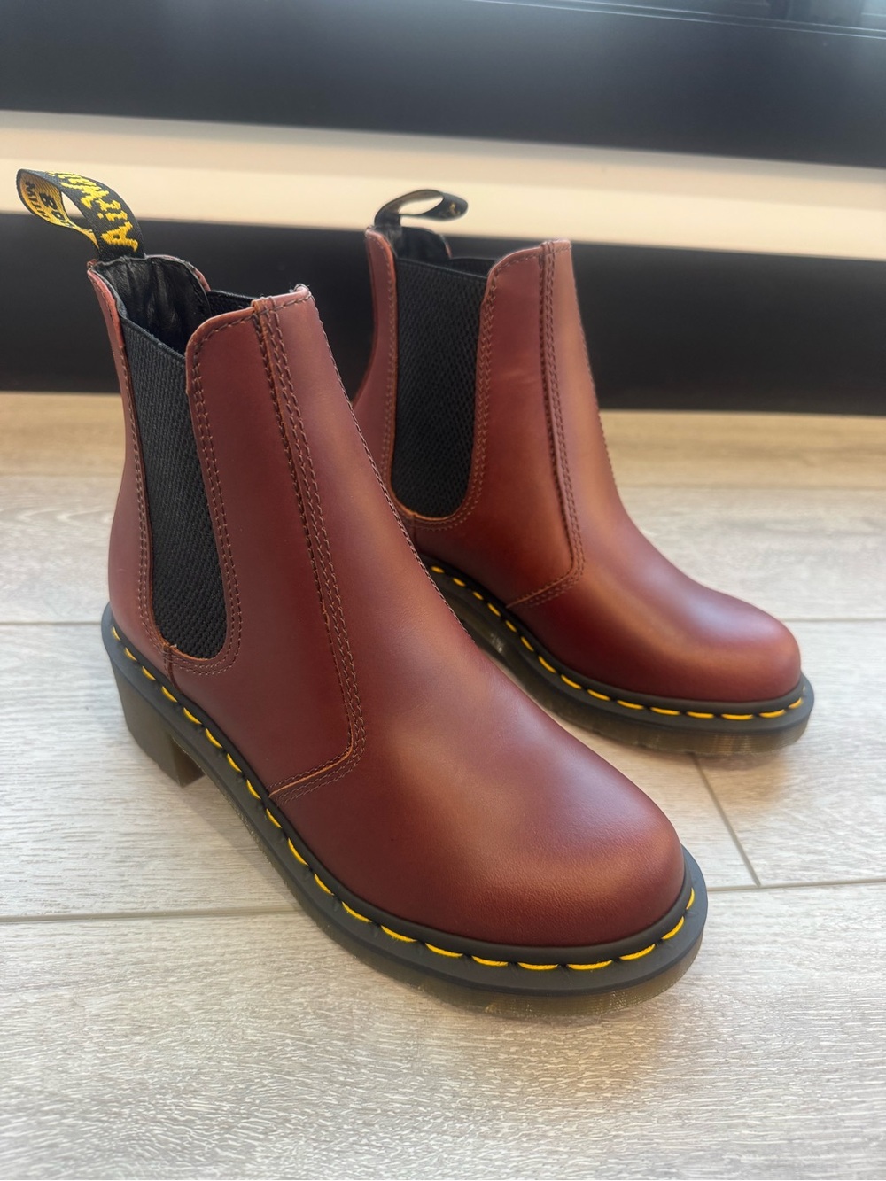 Dr. Martens Women's Oxblood Leather Chelsea Boots with Yellow Stitching